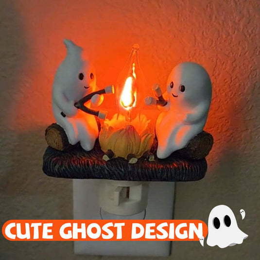 2024 Ghost Campfire Flickering Nightlight 2 Ghosts Roasting Plug Wall Spooky Fire Marshmallow Night Light For Halloween Decor