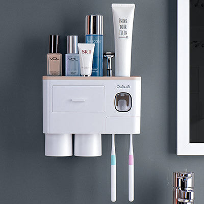 Load image into Gallery viewer, Non-marking Hanging Magnetic Toothbrush Holder Single Drawer Storage Rack With Toothpaste Squeezer Toiletry Set
