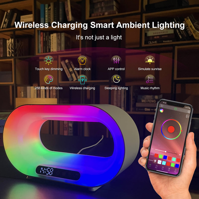 Load image into Gallery viewer, Multi-function 3 In 1 LED Night Light APP Control RGB Atmosphere Desk Lamp Smart Multifunctional Wireless Charger Alarm Clock
