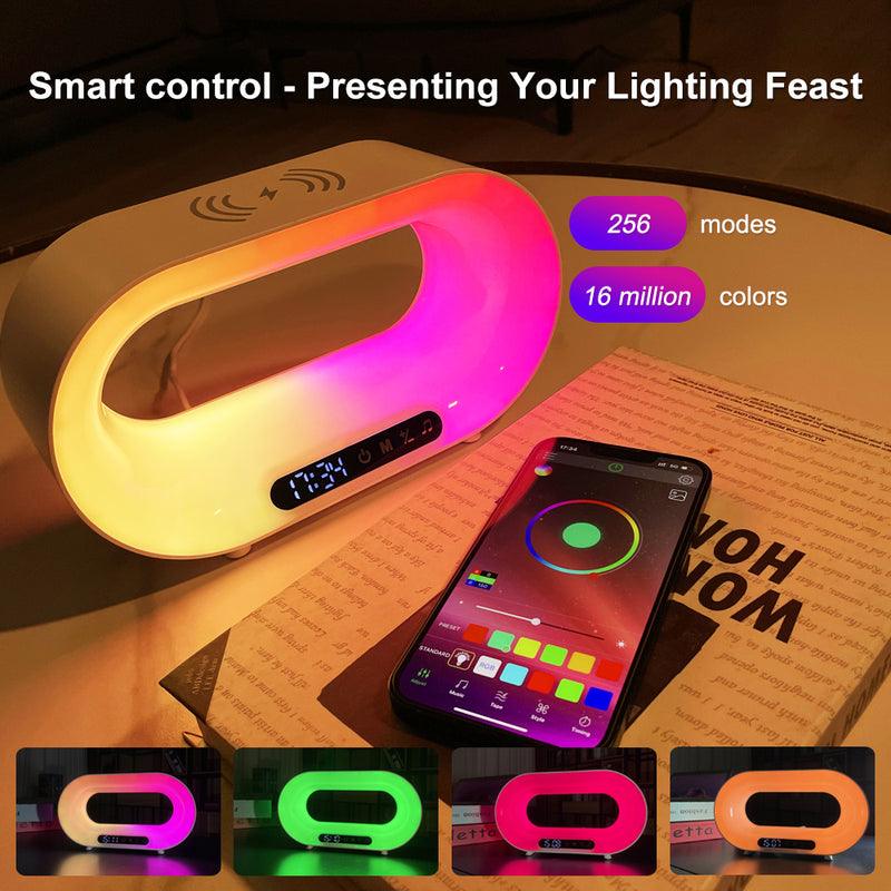 Load image into Gallery viewer, Multi-function 3 In 1 LED Night Light APP Control RGB Atmosphere Desk Lamp Smart Multifunctional Wireless Charger Alarm Clock
